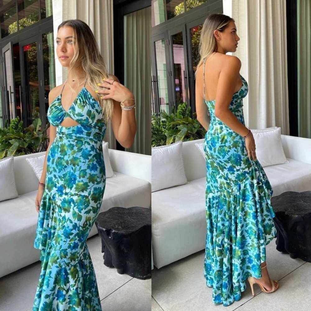 AMUR Blue Green Floral Midi Dress